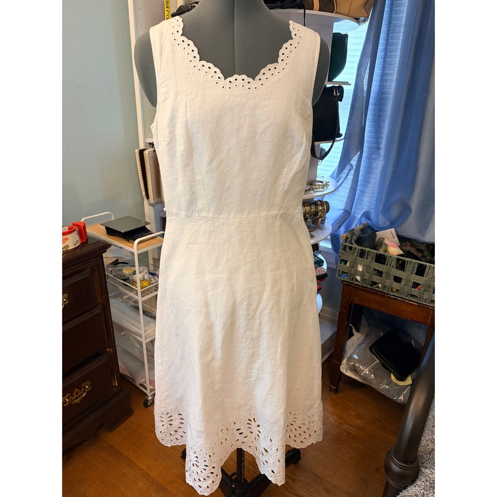 Talbots Eyelet Linen Blend Dress 10 White Scalloped Midi Coastal Cottagecore